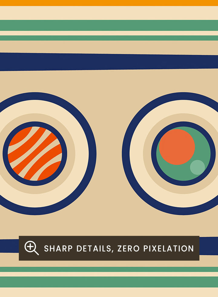 A retro-style graphic poster of Sushi, featuring Japanese-inspired geometric patterns, sushi illustrations, and descriptive text on a beige background. Sushi Japanese Food Print by Retrodrome retro kitchen art featuring sushi rolls, soy sauce, geometric shapes, and bold Japanese-inspired graphic design.