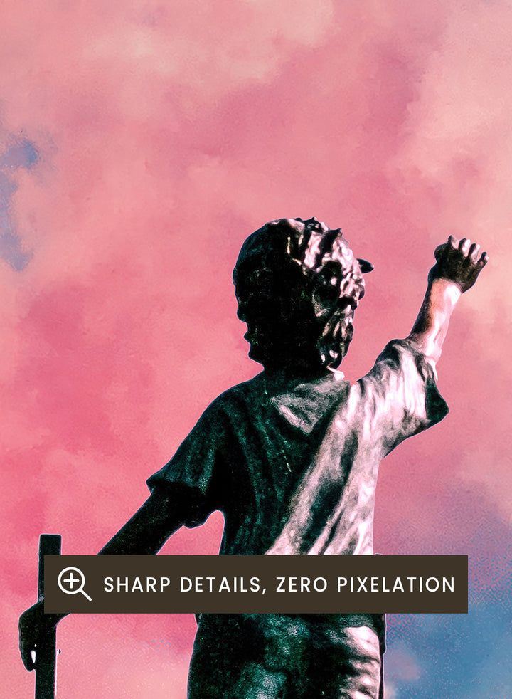 Person standing on a ladder against a colorful cloud sky. Cloud Painter by Taudalpoi surreal ladder to sky art print with pink clouds and dreamlike cosmic atmosphere, retro inspired collage poster wall art.