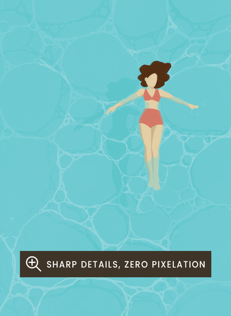 A minimalist art print featuring a small illustrated figure floating in a turquoise pool of water, with a black border and the caption &