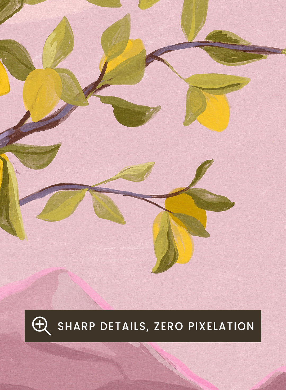 Artistic depiction of a tropical scene with a tree, beach, and mountains, featuring the text 'le rève tropical' and 'couleurs d'été'. Le Rêve Tropical Lemon Tree by Goed Blauw is a coastal art print and wall poster featuring a lemon tree, archway, and ocean view in warm pastel tones.