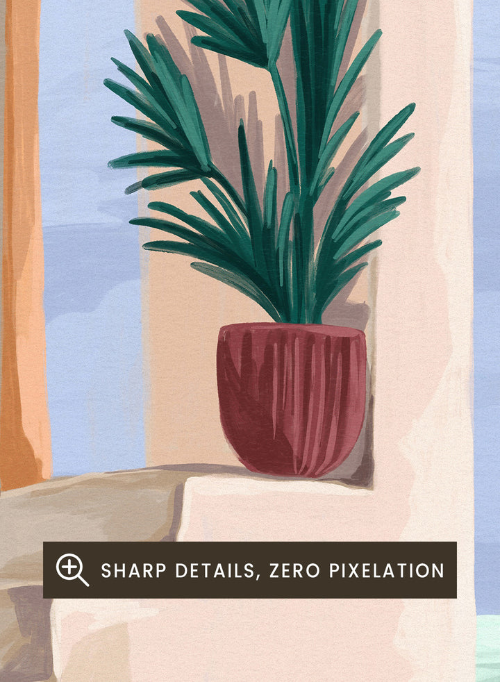 Decorative interior scene with an arch, bench, and ocean view. Bench with a View by Goed Blauw is a coastal art print and wall poster featuring an arched terrace, striped bench, and ocean view with warm tones.