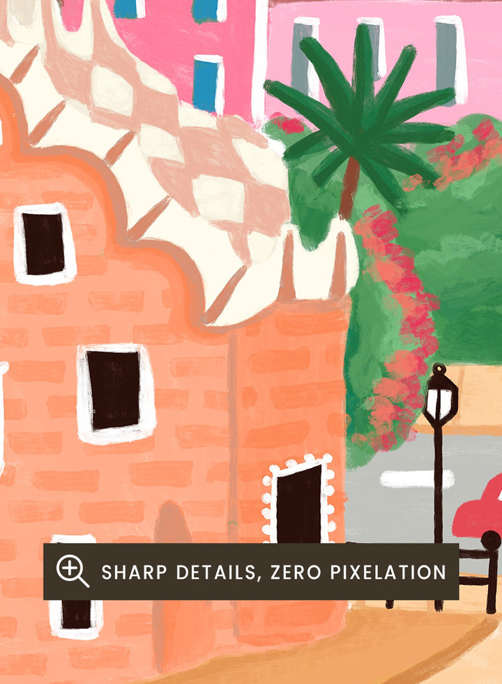 A colorful stylized illustration of a coastal town with pastel buildings, palm trees, a mosaic wall in the foreground, blue sea, and a red sun in the sky. Shop Colorful Coastal Dream by Nidhi Kachhadiya, a vibrant Barcelona wall art print inspired by Park Güell, Gaudí architecture, mosaics, and bright coastal color.