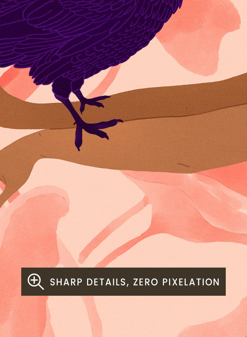 Illustration of a woman with a bird on a pink floral background. Raven by Jota de Jai is a modern pink wall art print of a woman with a purple raven, available as a premium fine art poster with optional wood framing.