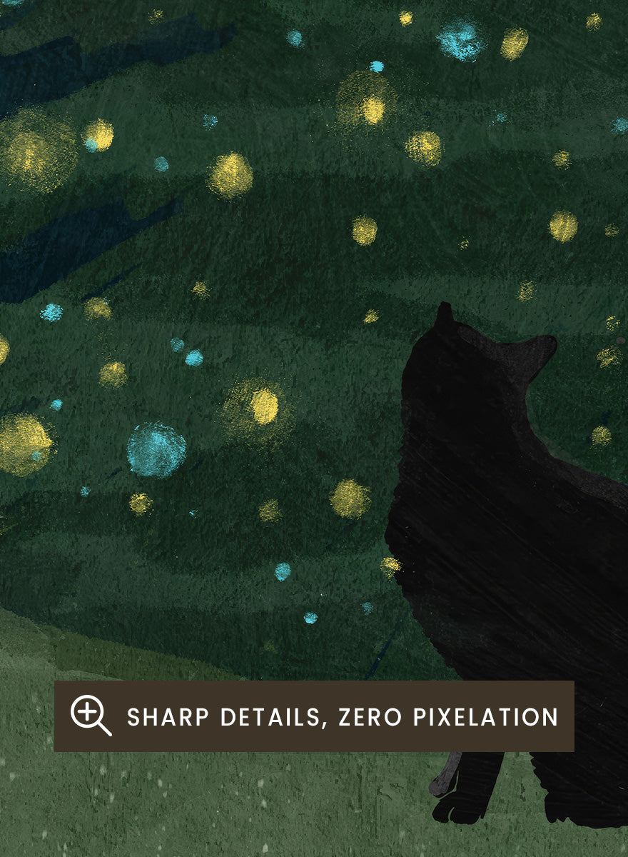 Shop Christmas Wishes by Katie O’Shea, a charming black cat Christmas wall art print poster featuring a glowing tree, festive lights, and deep green tones.