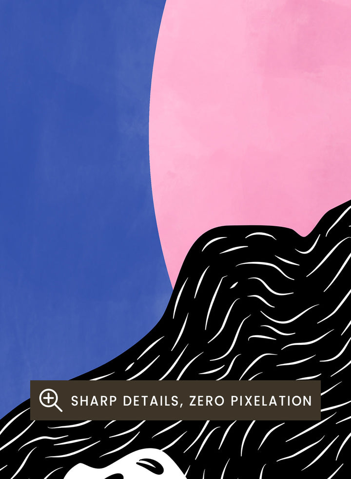 Artistic depiction of mountains with a pink moon in a blue sky. Surreal Peaks View by Elena Ristova is a minimalist abstract landscape print with bold mountains and a pink sun. Officially licensed wall poster with framing.