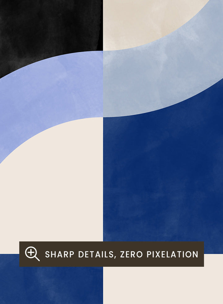 Shop Abstract Curves Flow by Elena Ristova, a modern abstract wall art print poster featuring sweeping blue curves, cream blocks, and bold black accents.