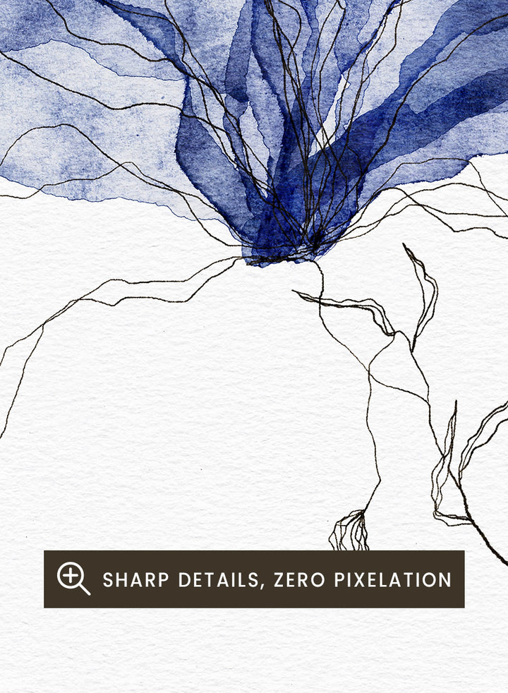 Abstract botanical art print featuring layered, semi-transparent blue flower silhouettes with fine black sketch lines on a white background. Shop Indigo Watercolor Florals by Ankie Kooi, a floral wall art print poster with blue watercolor flowers, botanical line art, buds, and white background.