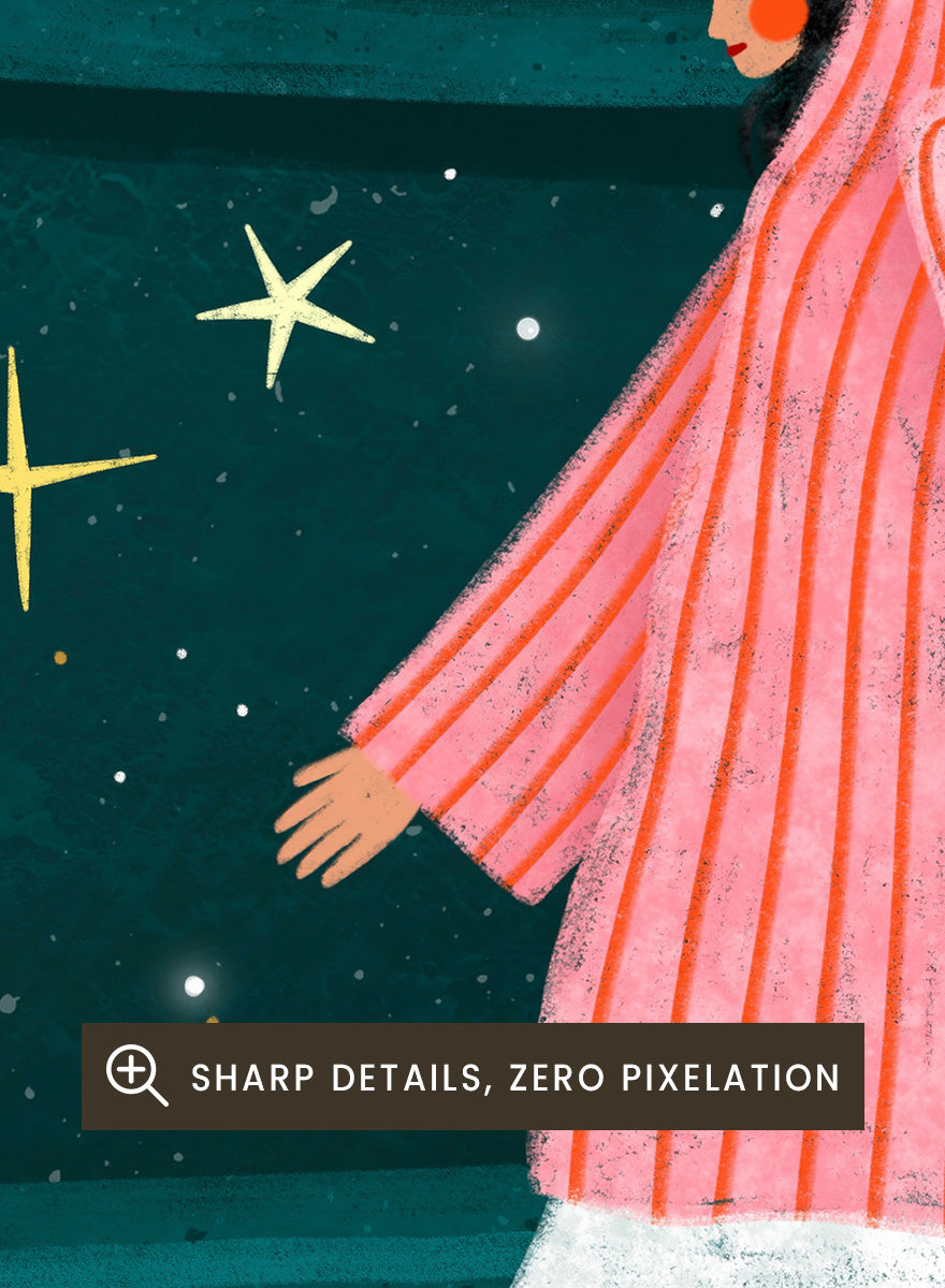 Shop Dreamy Space Walk by Bea Müller, a figurative wall art print poster featuring a woman walking through a whimsical outer space landscape in deep green tones.