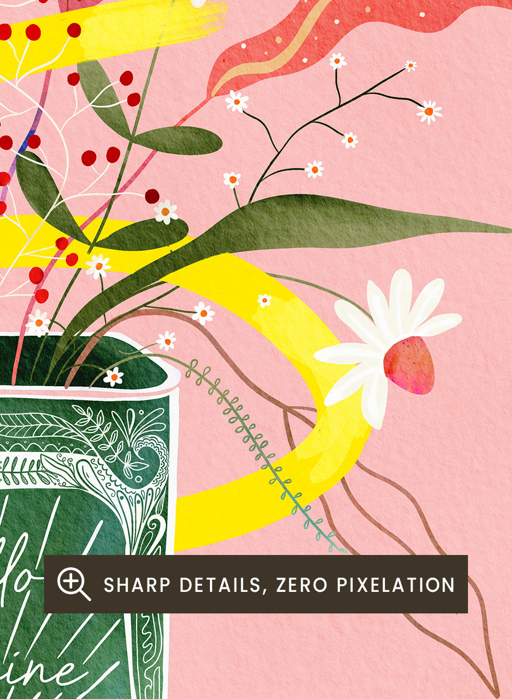 Illustration of a flower arrangement in a can with 'Las Flores' text on a pink background. Las Flores by Baroo Bloom is a colorful floral art print with playful illustration and bold lettering. Officially licensed wall poster with optional framing.