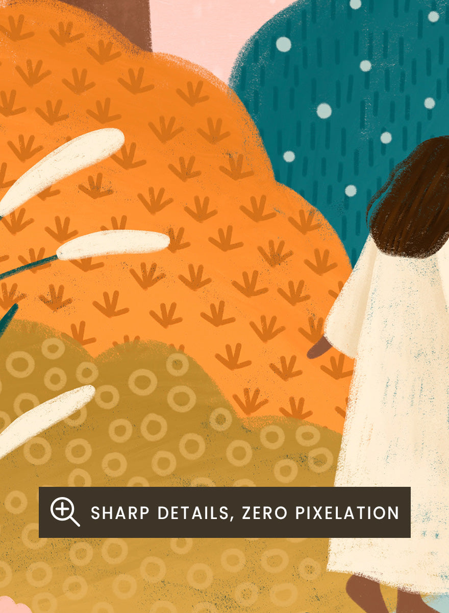 Shop Dreamy Path Exploration by Bea Müller, a figurative autumn landscape wall art print poster featuring a woman on a colorful garden path in blue and orange tones.