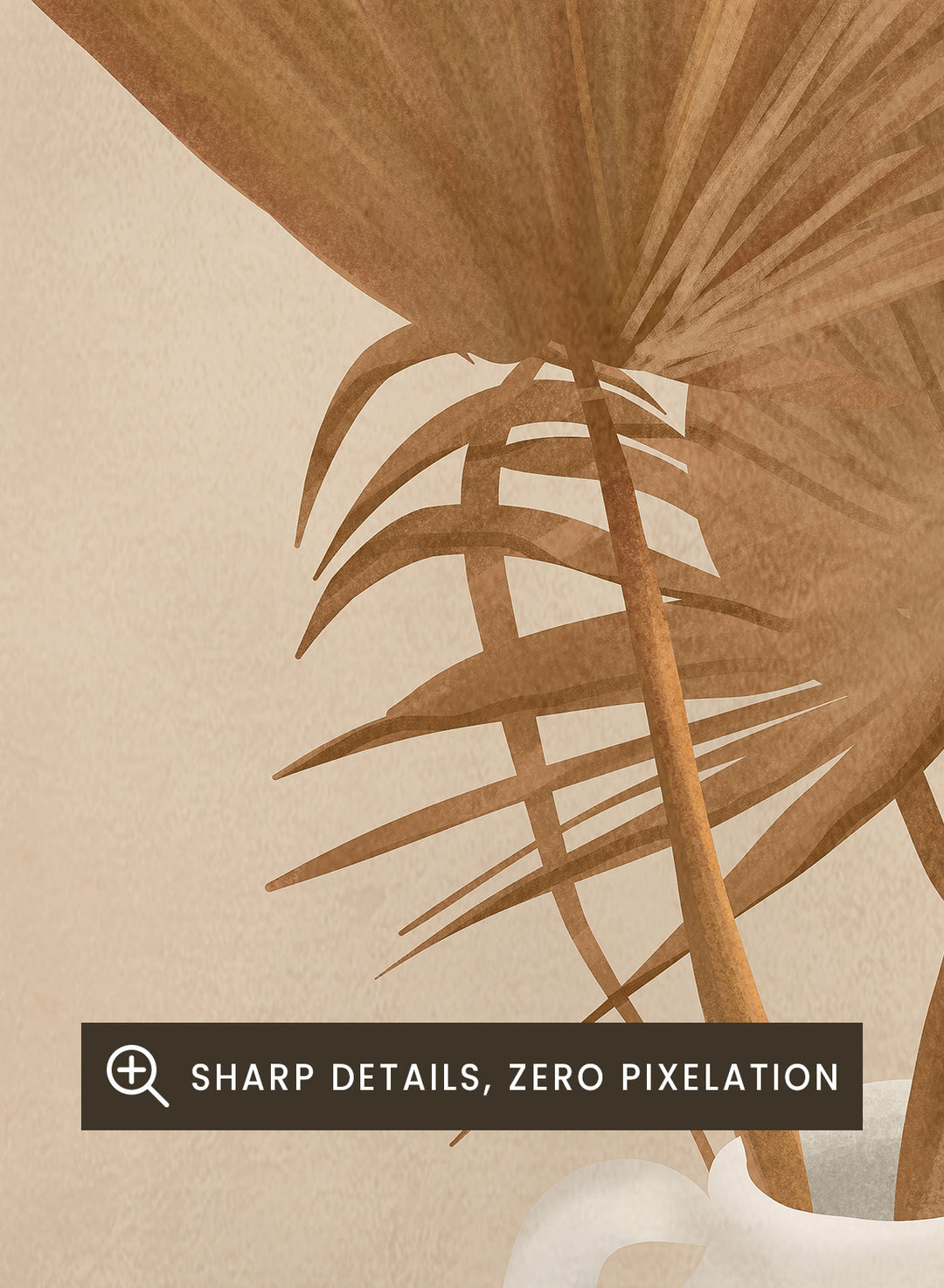 White vase with dried palm leaves and a white garment on a beige background. Boho Palm Summer Vibes by City Art is a neutral boho art print with dried palm leaves, a white summer dress, a straw hat, and warm organic textures.