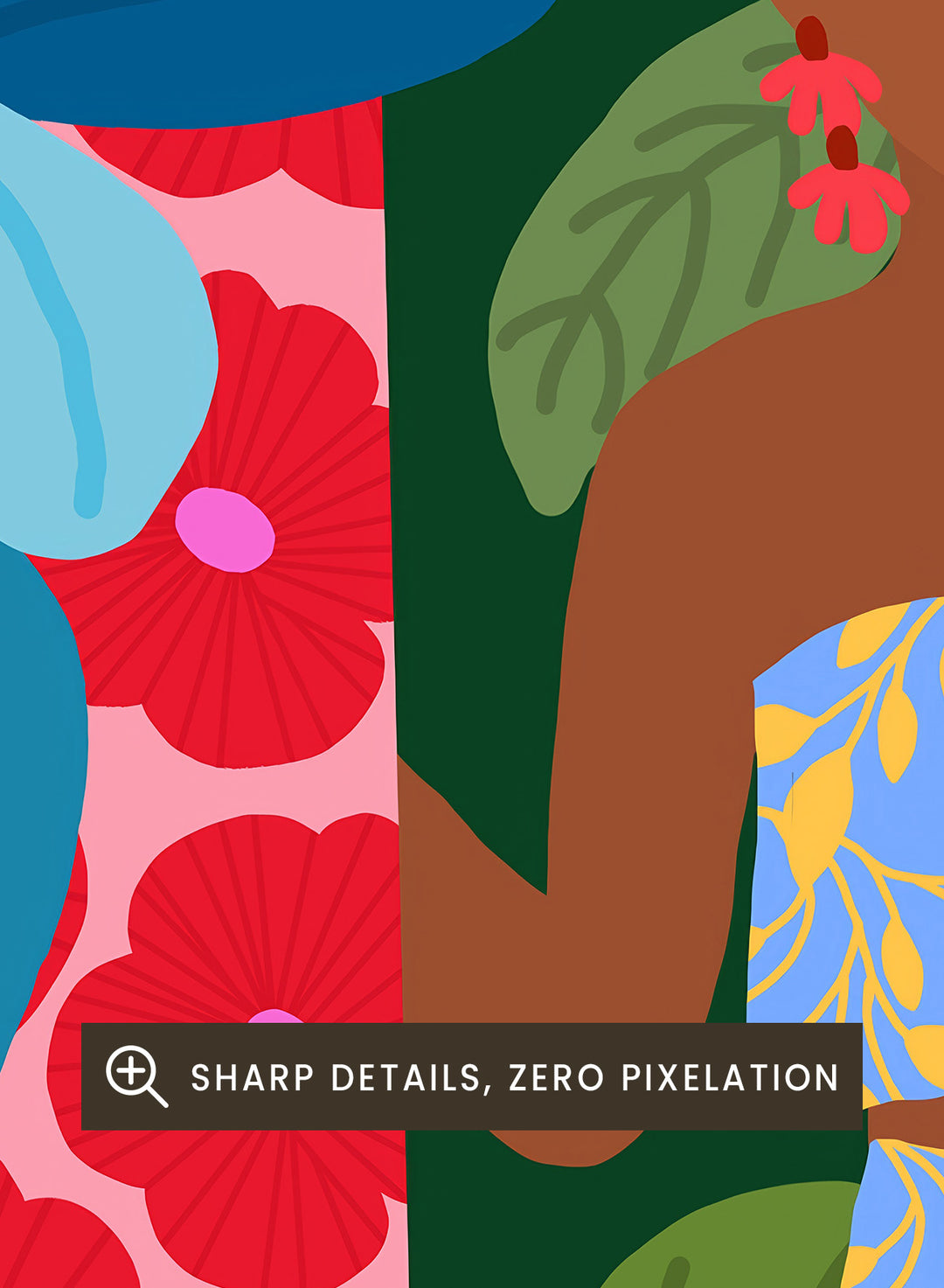 Woman in a blue dress surrounded by colorful foliage and flowers. Woman In A Dress With Flowers by Rafaela Mascaro is a vibrant botanical art print featuring lush foliage, colorful florals, decorative patterns, and tropical charm.