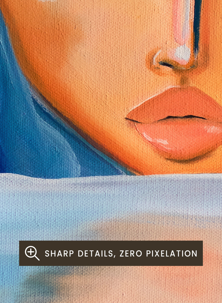 Artistic depiction of a woman with blue hair and a serene expression, surrounded by water. Ethereal Woman's Reflection by Amy Straley is a contemporary figurative art print featuring a feminine portrait, water reflection, and soft blue tones.