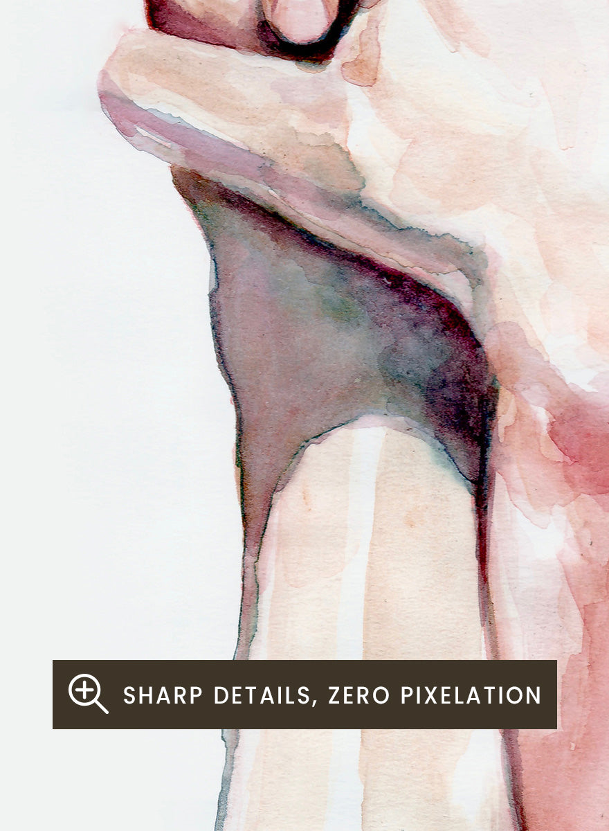 Shop Tender Hand Embrace by Sophia Novosel, a soft figurative wall art print poster featuring two hands intertwined in pink, peach, and cream watercolor tones.