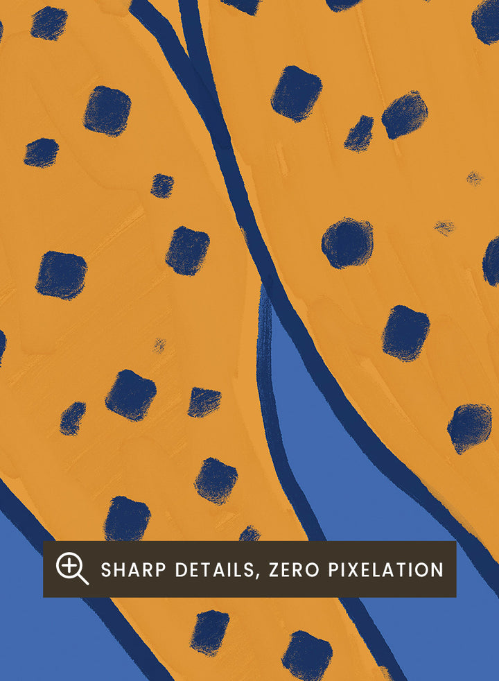 A stylized illustration of a spotted big cat, cropped to show the torso and hind legs, in orange with dark blue spots on a solid blue background. Spotted Cheetah on Blue by The Art Concept animal art print featuring a cropped golden cheetah with deep blue spots against a bold blue background.