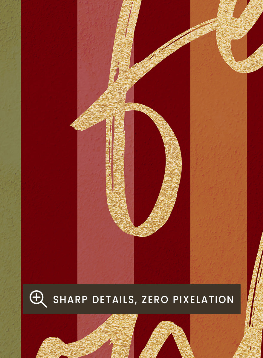 Shop Cosy Feels Christmas by Dominique Vari, a colorful holiday wall art print poster featuring retro stripes, gold lettering, and festive red and green tones.