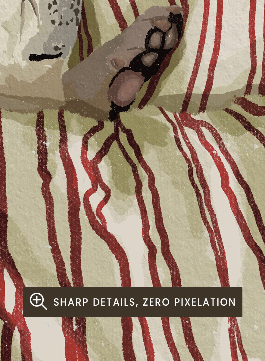 A cozy bed setup with beige and red striped bedding, two matching pillows, and a small gray cat curled up on the duvet. The background features a brown textured headboard and a mint green wall at the top. Shop Cozy Dog in Bed by Lisa Solomoniuk, a playful dog animal art print featuring a pup tucked into striped bedding with a warm, cozy bedroom feel.
