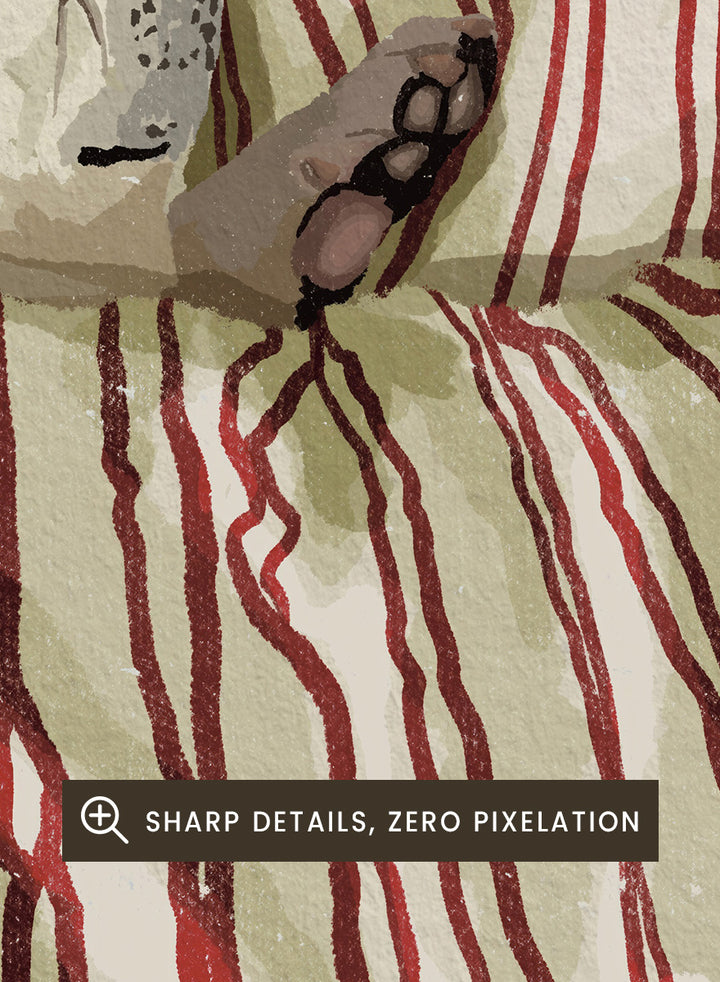 A cozy bed setup with beige and red striped bedding, two matching pillows, and a small gray cat curled up on the duvet. The background features a brown textured headboard and a mint green wall at the top. Shop Cozy Dog in Bed by Lisa Solomoniuk, a playful dog animal art print featuring a pup tucked into striped bedding with a warm, cozy bedroom feel.
