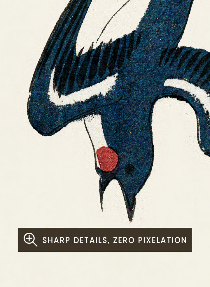Swallow and Butterflies by Taguchi Tomoki from Yatsuo no Tsubaki is a vintage Japanese woodblock art print featuring a blue swallow and colorful butterflies on warm ivory.