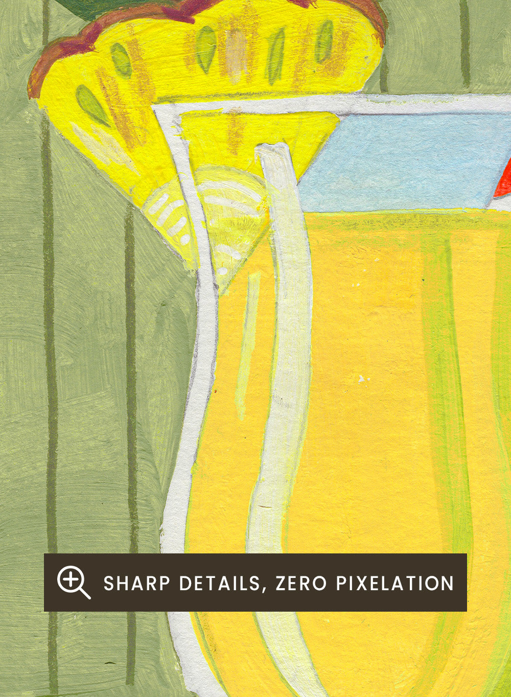 Illustration of a pina colada drink with pineapple slices on a checkered tablecloth. Piña Colada Summer Drink by Caroline Bonne Müller is a fine art print and wall poster of a pineapple cocktail with striped straw and green table setting.