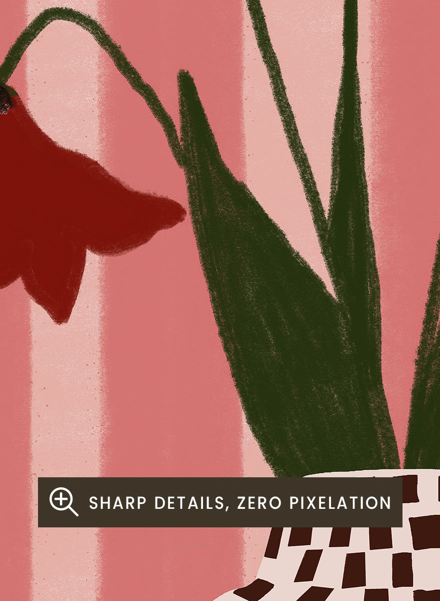 A stylized floral artwork showing four dark red bell-shaped flowers with long green stems rising from a black-and-white checkerboard vase, set against pink vertical stripes and a pink base. Whimsical Flowers Checkered Vase by The Art Concept still life art print featuring red flowers, a checkered vase, and a soft pink striped background.