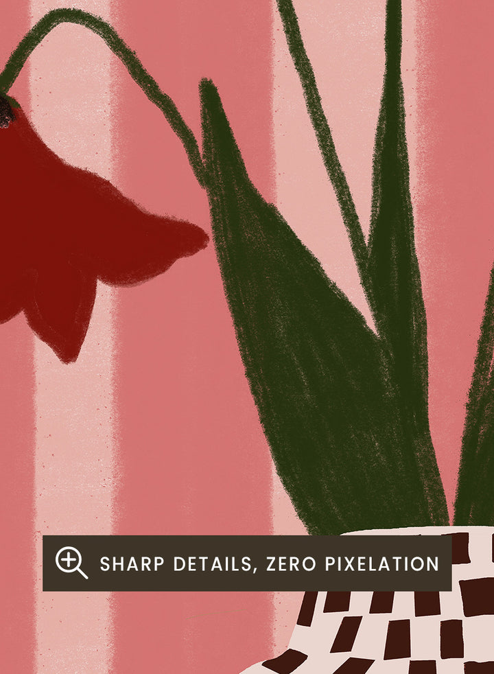 A stylized floral artwork showing four dark red bell-shaped flowers with long green stems rising from a black-and-white checkerboard vase, set against pink vertical stripes and a pink base. Whimsical Flowers Checkered Vase by The Art Concept still life art print featuring red flowers, a checkered vase, and a soft pink striped background.