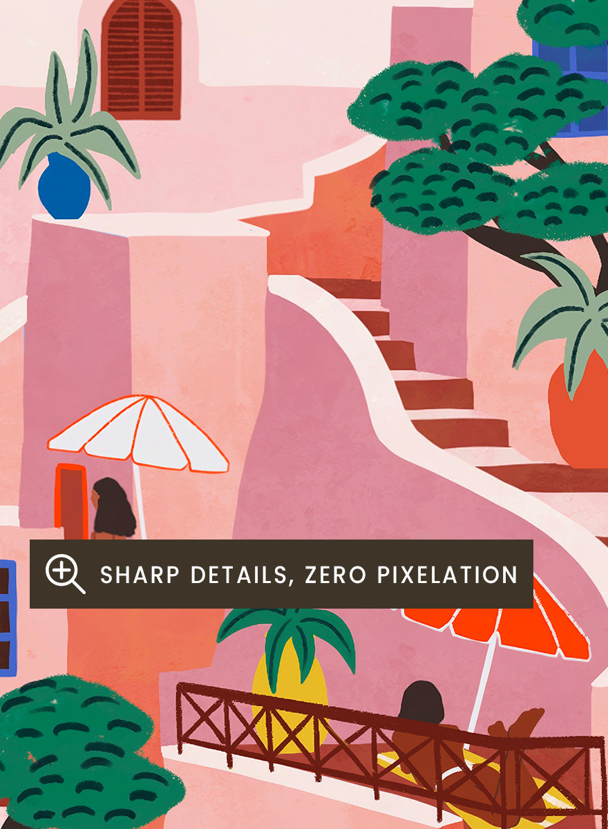 A stylized art print depicting a hillside Mediterranean village with pink and peach buildings, blue domes, green trees, and a light blue sky. Santorini Summer Dream by Ceyda Alasar art print featuring blue domes, terraced Mediterranean architecture, orange umbrellas, and sunny Greek island charm.