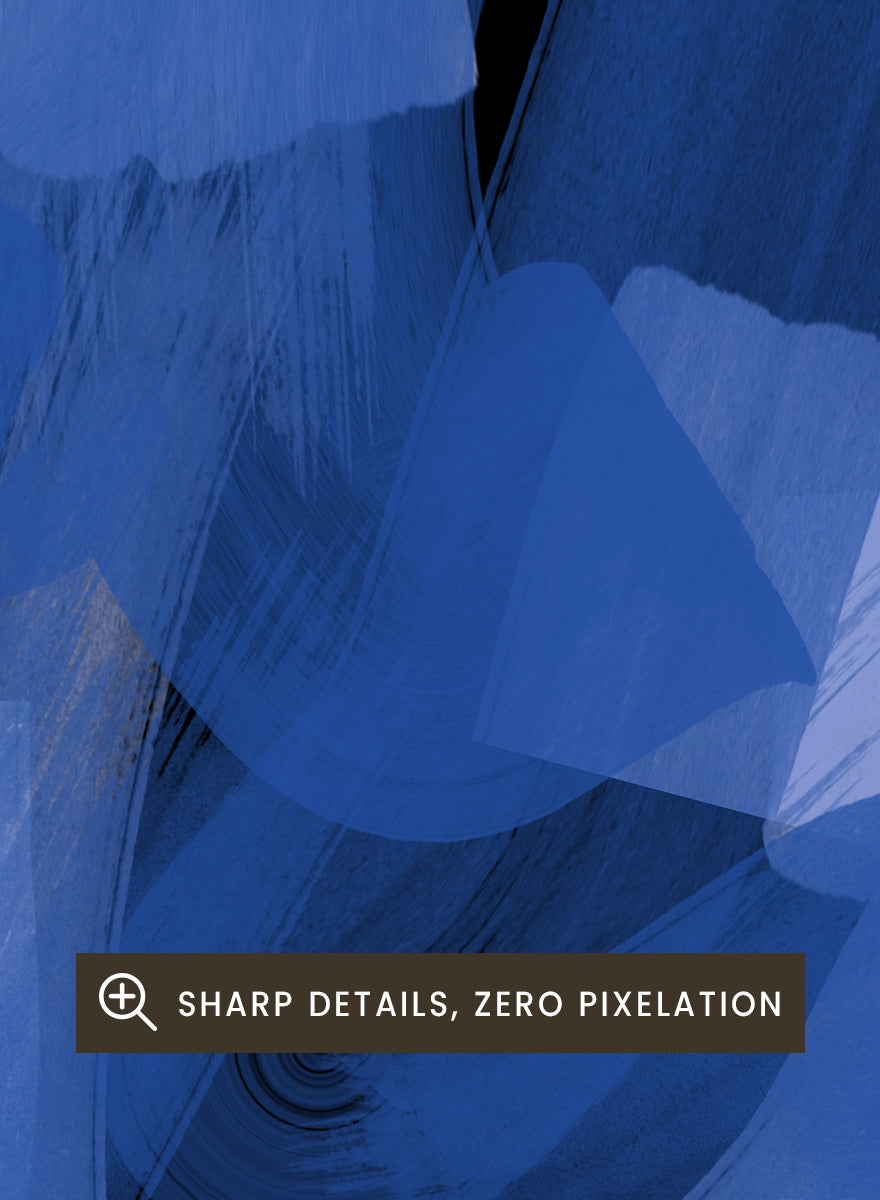 Shop Geometric Blue Layers by Elena Ristova, a modern abstract wall art print poster featuring layered cobalt brushwork, cream blocks, and bold black contrast.