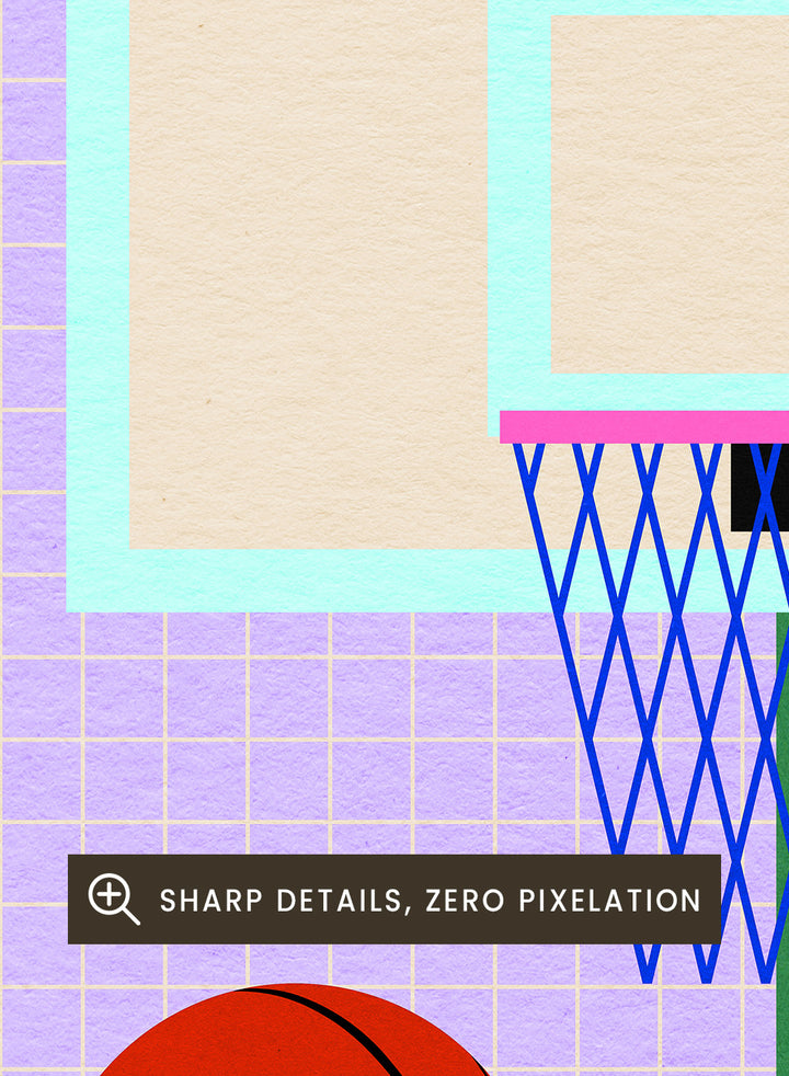 Basketball and hoop on a grid background. New York Basketball by Rosi Feist is a modern minimalist sports art print with bold graphic color and Bauhaus-inspired design. Officially licensed fine art poster with framing.