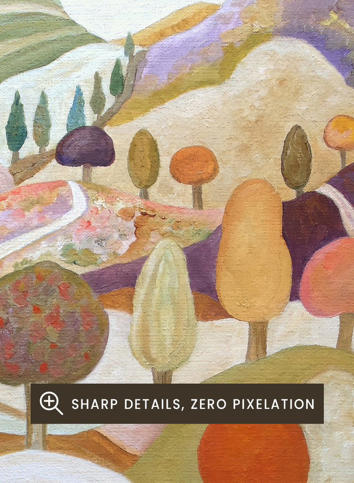 A colorful landscape painting featuring stylized hills, rolling hills, and trees in pastel and earthy tones. Shop Whimsical Autumn Landscape by Angeles M. Pomata, a colorful fall landscape art print featuring rolling hills, winding paths, and stylized autumn trees.