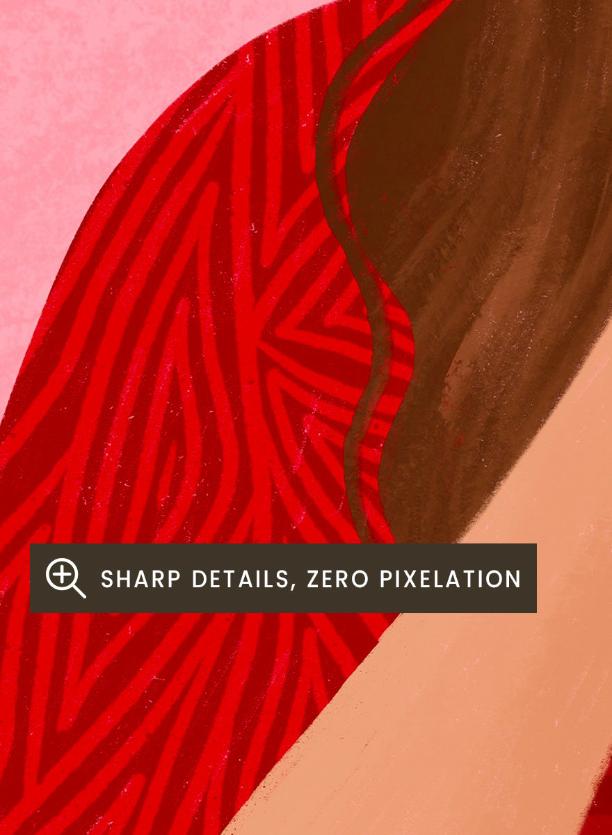 A framed art print featuring a stylized illustration of a woman with long brown hair, wearing a red patterned wrap, holding a red apple to her lips, set against a pink background. Cozy Woman Apple by Bea Müller portrait art print featuring a woman eating a red apple in bold red and pink tones for colorful modern wall decor.