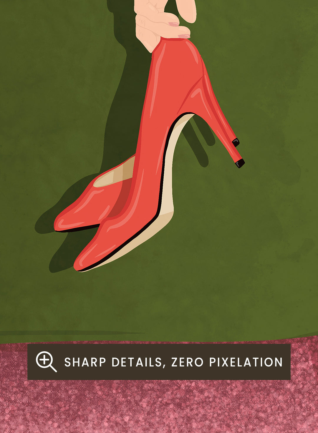 A stylized illustration of a person sitting on a green sofa, holding a pair of red high-heeled shoes. The person has dark hair and pale skin, with striped beige walls and a pink carpet in the background. Woman Resting Red Heels by Lisa Solomoniuk premium framed fine art print featuring a woman draped over a green chair holding bright red heels.