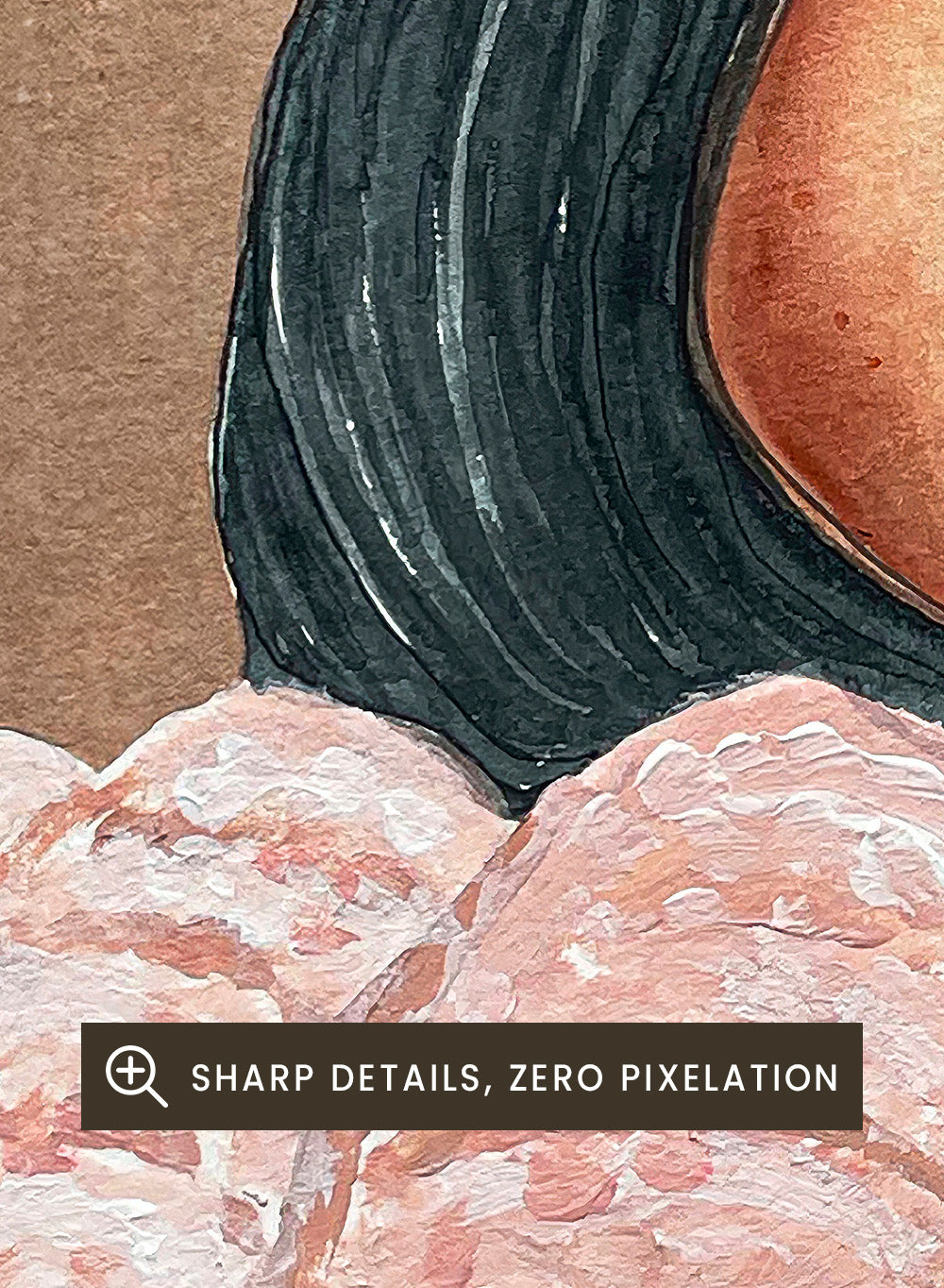 Artistic illustration of a person with large, textured sleeves against a brown background. Dreaming Girl by Raissa Oltmanns is a modern woman portrait art print with soft watercolor style, cozy pink jacket illustration, and contemporary wall poster.