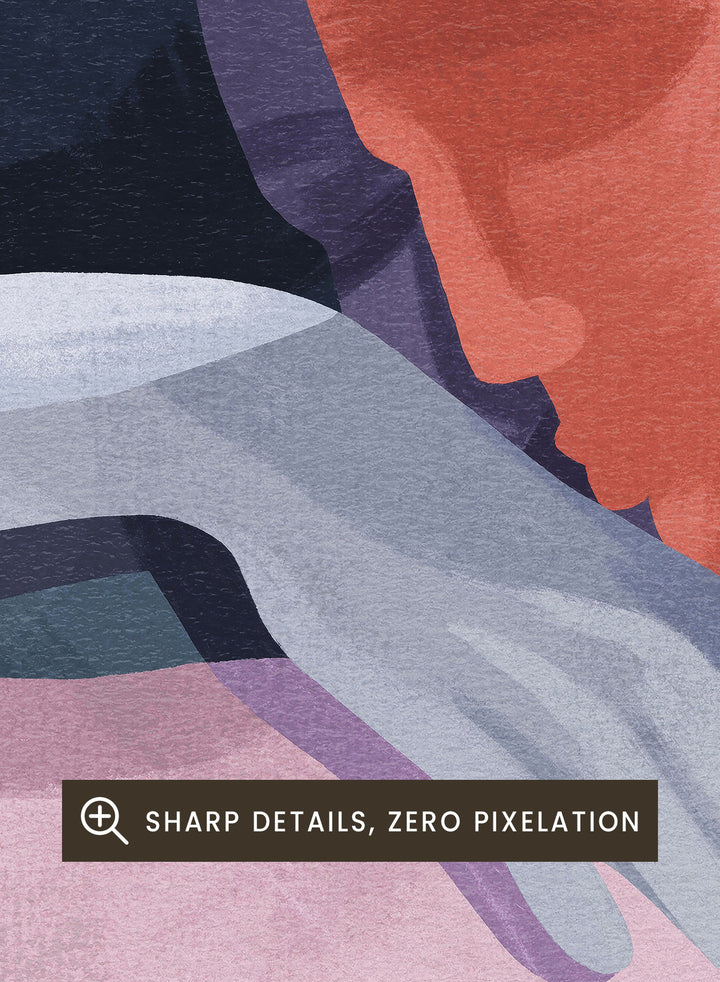 Artistic illustration of two people embracing with abstract background. In This Together by Goed Blauw is a modern abstract figure art print and wall poster featuring two people in an intimate embrace with layered soft colors.