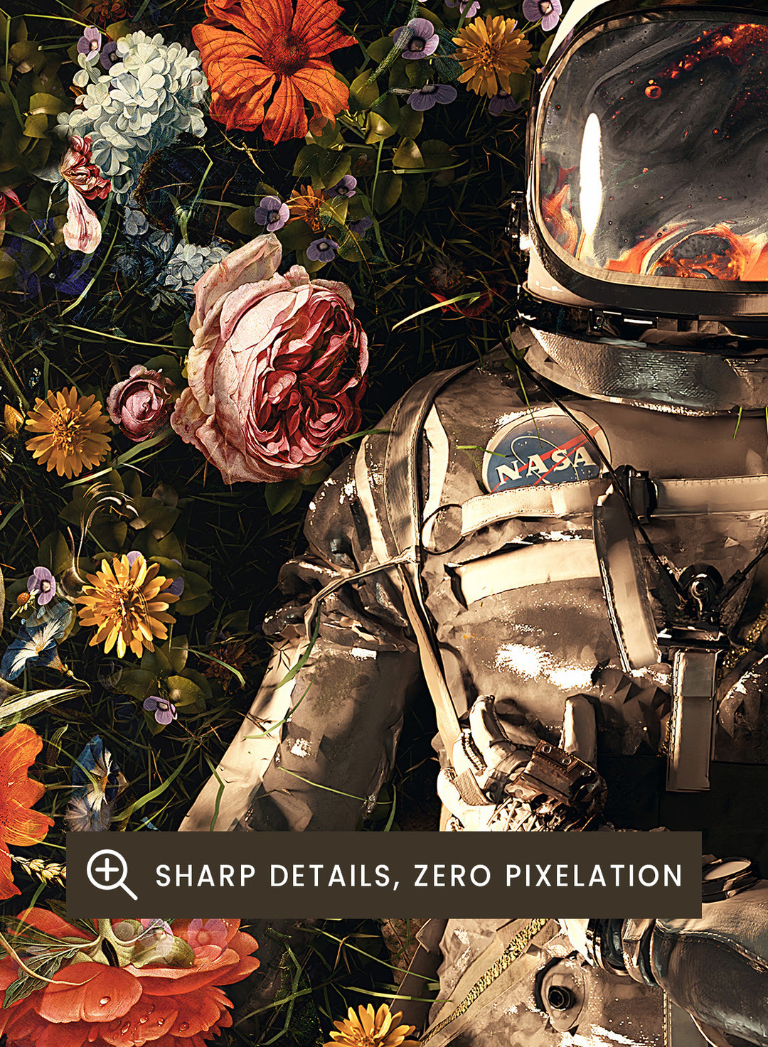 Astronaut lying on a bed of flowers with a dark background. Cosmic Couple Bloom by Nicebleed is a surreal astronaut floral art print featuring two astronauts in a field of flowers, modern aesthetic wall poster.