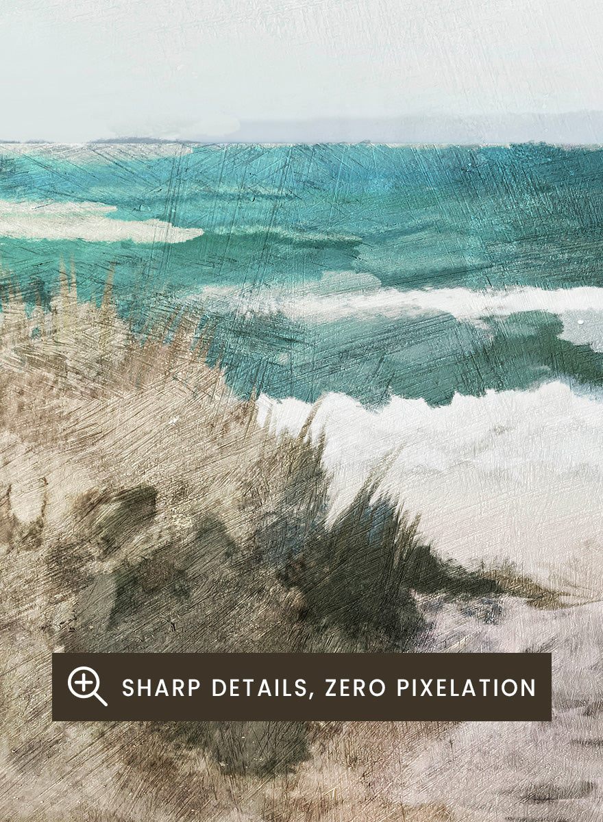 Shop Beach Path by Dan Hobday, a coastal landscape art print featuring turquoise water, sandy dunes, beach grass, soft blue sky, and textured brushwork.