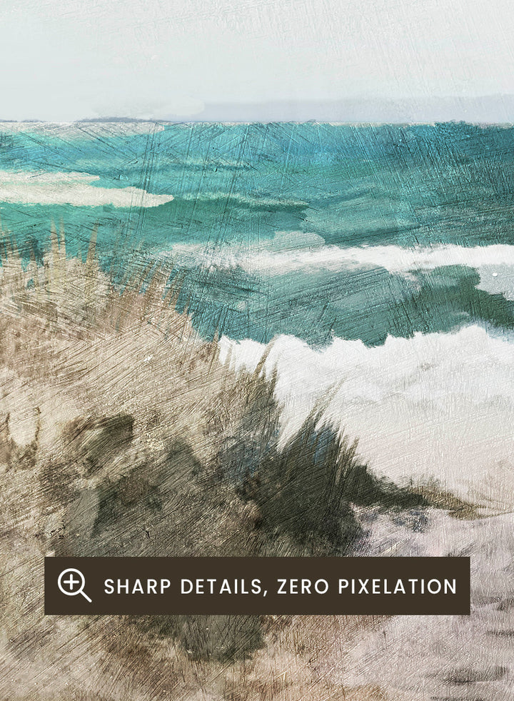 Shop Beach Path by Dan Hobday, a coastal landscape art print featuring turquoise water, sandy dunes, beach grass, soft blue sky, and textured brushwork.