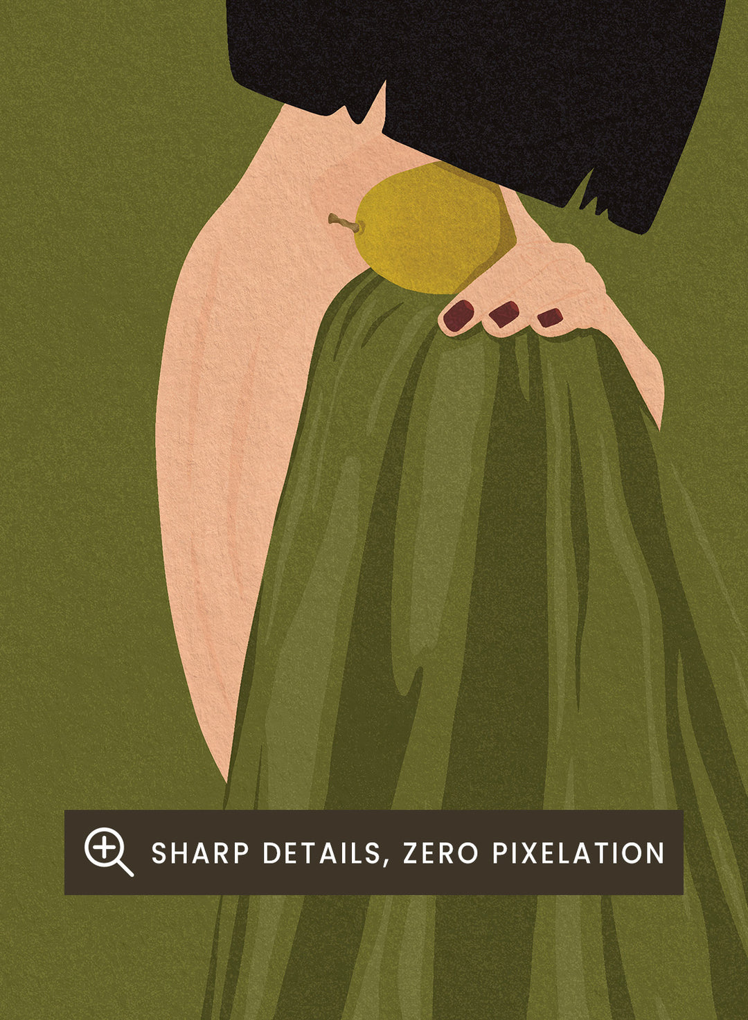 Green Dress Still Life by Lisa Solomoniuk premium framed fine art print featuring a woman, fruit, and flowing fabric in rich olive green tones.