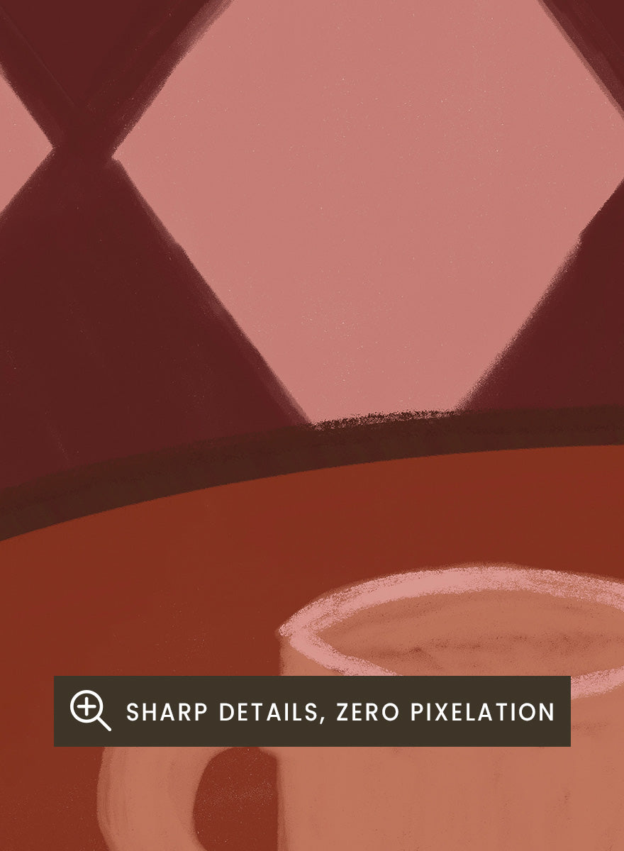 A stylized illustration of a round wooden table with a pink mug, a yellow pitcher, and a small cup against a dark red and pink diamond-patterned background. Retro Coffee Time by The Art Concept warm art print featuring mugs, a pitcher, and a café table in soft retro tones and a diamond pattern background.