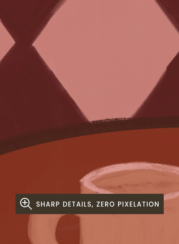 A stylized illustration of a round wooden table with a pink mug, a yellow pitcher, and a small cup against a dark red and pink diamond-patterned background. Retro Coffee Time by The Art Concept warm art print featuring mugs, a pitcher, and a café table in soft retro tones and a diamond pattern background.