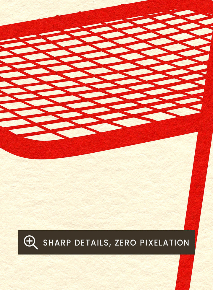 Red metal chair on a beige background. Modern chair wall art print by Rosi Feist featuring a bold red wire net chair illustration. Contemporary minimalist poster for design lovers.