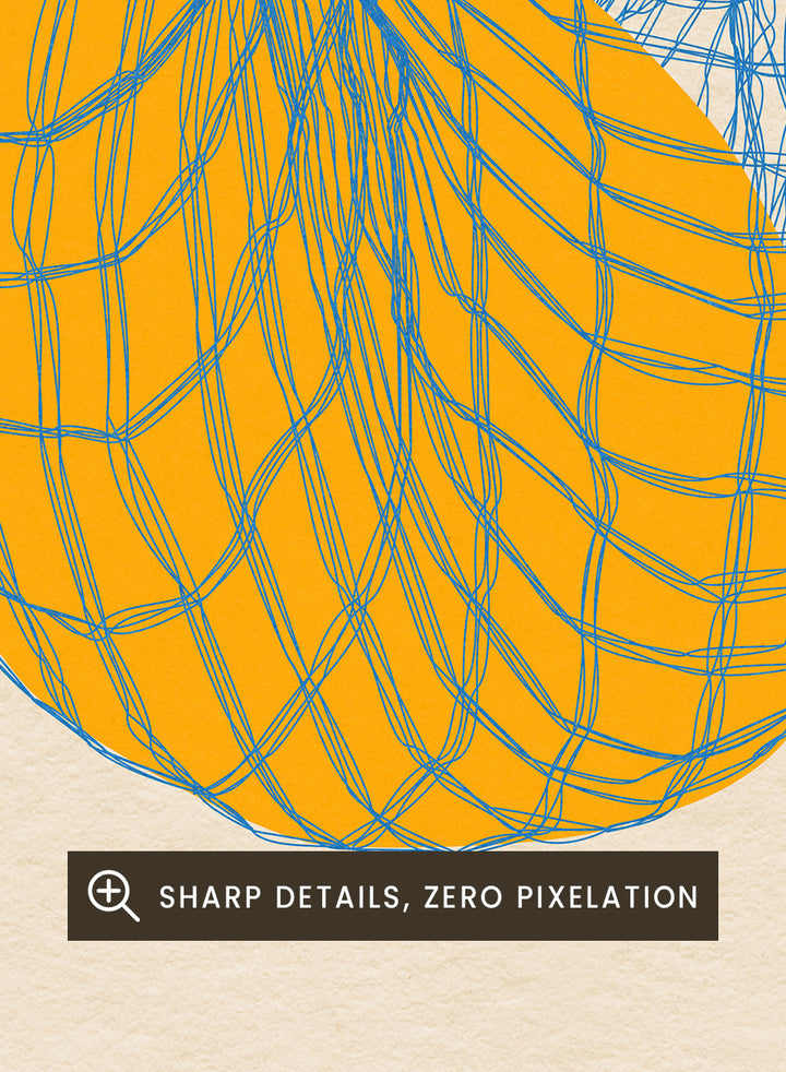 Geometric design with orange shapes and blue lines on a beige background. Five Lemons In a Net Bag by Rosi Feist is a modern minimalist fruit art print with Bauhaus design, officially licensed fine art poster.