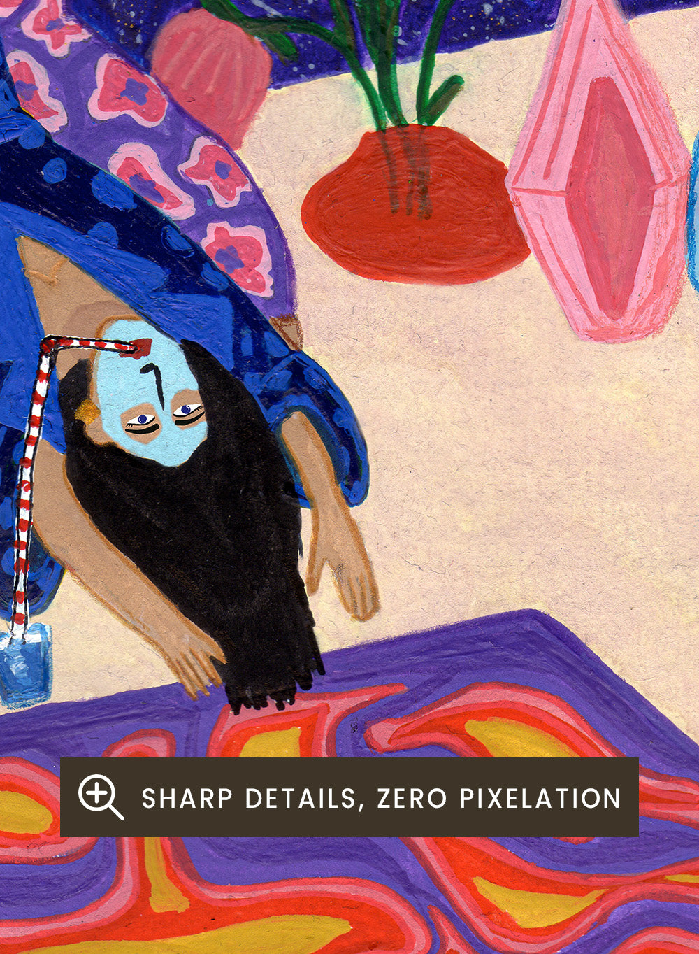 Colorful artwork of a person sitting on a chair with animals and decorative elements. Day Off From Office by Jota de Jai is a whimsical modern art print of a woman upside down with her dog, mid skincare routine, officially licensed wall poster with framing.