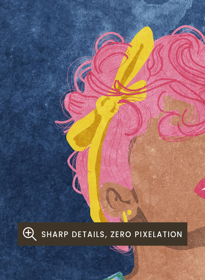 Illustration of a woman in a floral outfit against a blue textured background. Not Your Girl by Raissa Oltmanns is a modern woman portrait art print with a bold middle finger pose, floral outfit illustration, and statement wall poster style.