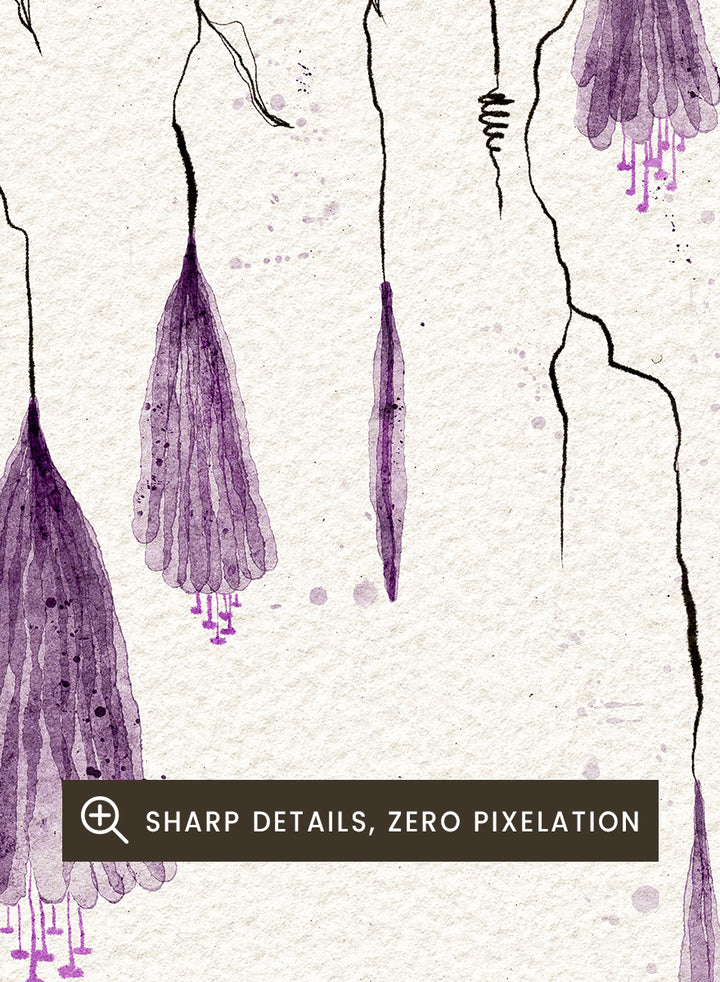 A framed art print featuring a delicate black ink sketch of willow branches with hanging purple blossoms on a textured off-white background. Shop Purple Hanging Blooms by Ankie Kooi, a floral wall art print poster with hanging purple flowers, botanical branch art, watercolor florals, black, and cream.