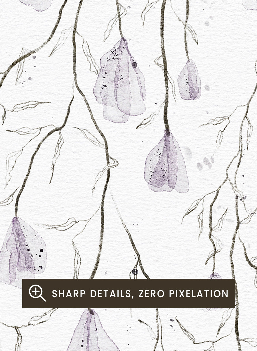 A framed watercolor art print depicting delicate, thin branches with small hanging lavender-purple bell-shaped flowers on a white background. Shop Delicate Lavender Cascade by Ankie Kooi, a floral wall art print poster with hanging lavender flowers, botanical branches, and soft watercolor detail.