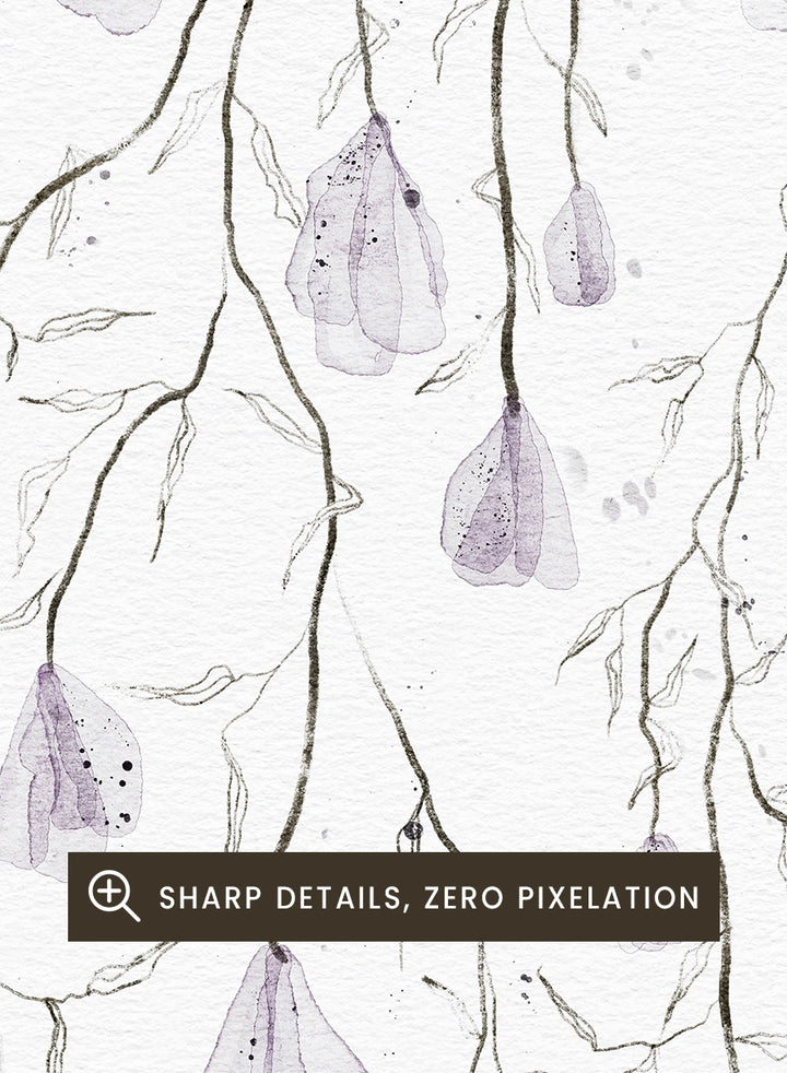 A framed watercolor art print depicting delicate, thin branches with small hanging lavender-purple bell-shaped flowers on a white background. Shop Delicate Lavender Cascade by Ankie Kooi, a floral wall art print poster with hanging lavender flowers, botanical branches, and soft watercolor detail.