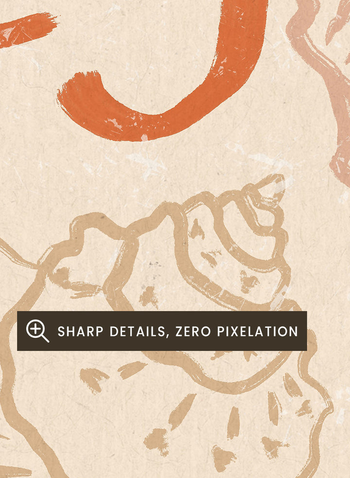 A square decorative print or card with the French text “LES COQUILLAGES” in orange lettering, surrounded by illustrated seashells and a starfish on a cream background with an orange-and-white check border. Rustic French Seashells by Katarzyna Gąsiorowska coastal art print with hand-drawn shells, a starfish, French lettering, and terracotta checks.