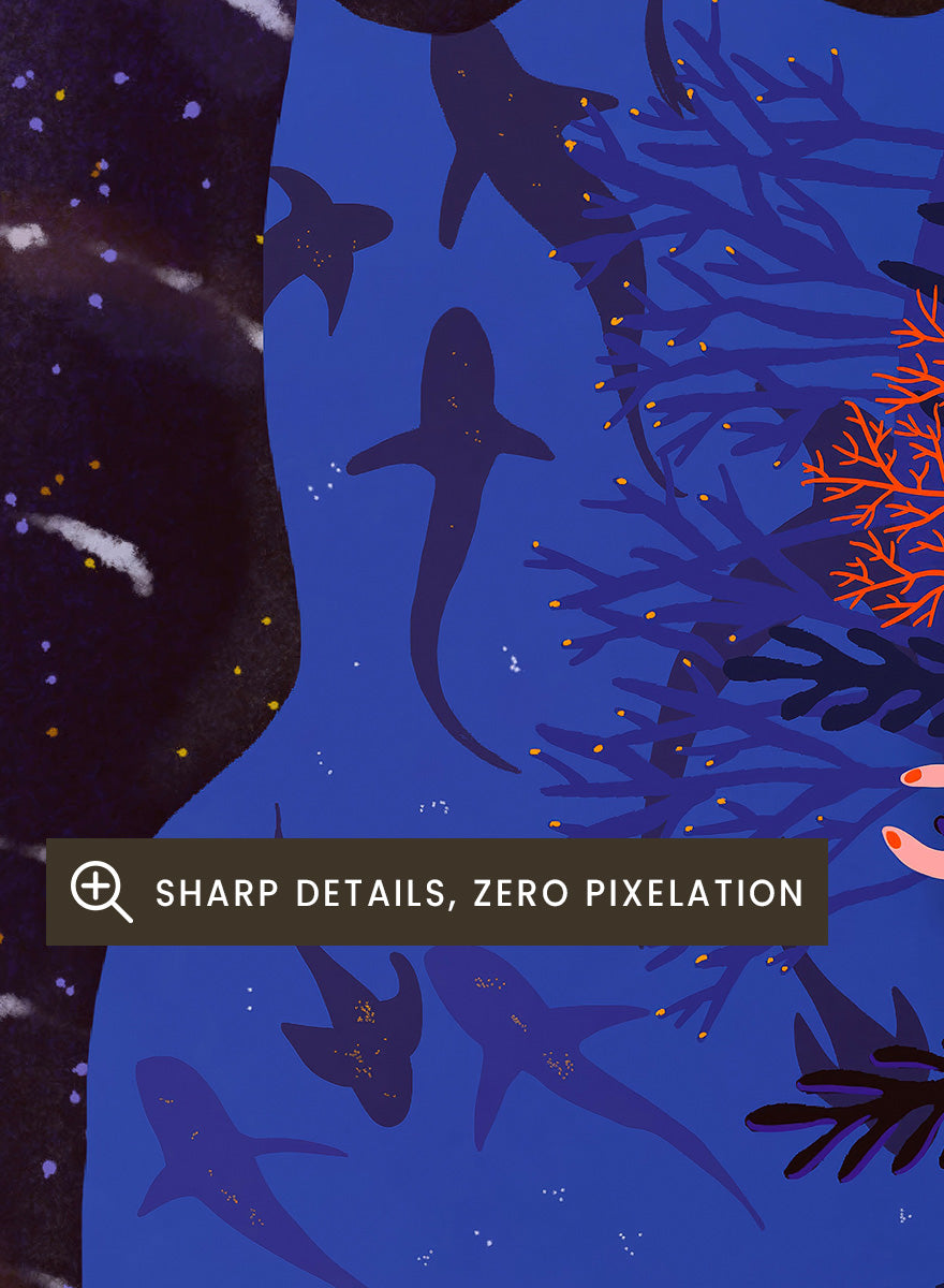 An illustrated art print featuring a large whale shark swimming through a deep blue ocean filled with smaller fish and coral. Diver and Whale Shark art print by Ceyda Alasar features a dramatic underwater view with a whale shark, diver, coral, and rich ocean blues.