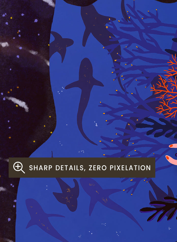 An illustrated art print featuring a large whale shark swimming through a deep blue ocean filled with smaller fish and coral. Diver and Whale Shark art print by Ceyda Alasar features a dramatic underwater view with a whale shark, diver, coral, and rich ocean blues.